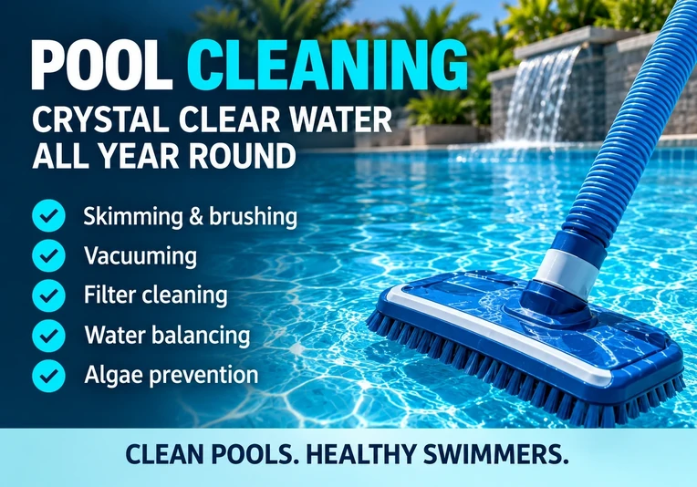 Professional pool cleaning with vacuuming, brushing, filter cleaning and water balancing