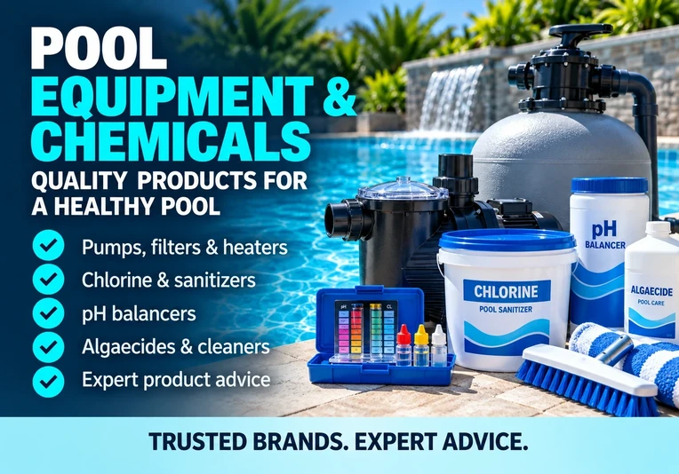 Swimming pool equipment and chemicals including water testing and treatment products