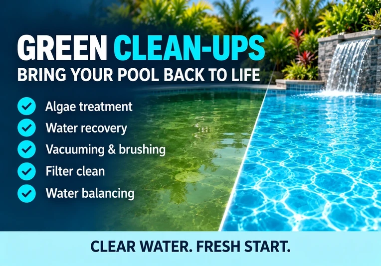 Green pool clean-up showing algae recovery and clear-water restoration