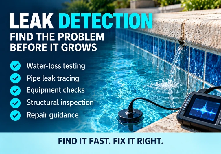 Swimming pool leak detection and water-loss testing beside pool tiles and water