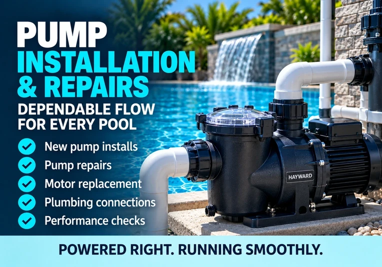 Swimming pool pump installation and repair equipment beside a clear pool
