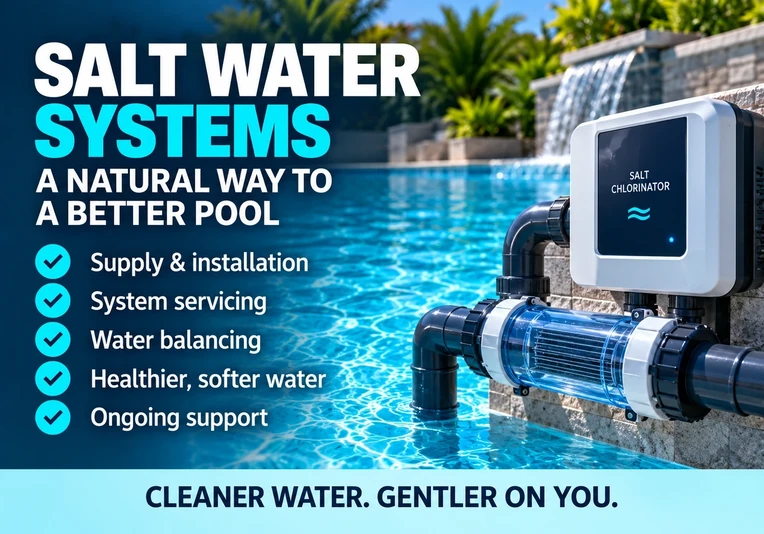 Salt water swimming pool system with salt chlorinator and pool plumbing