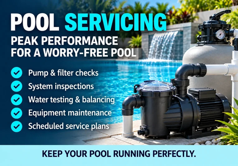 Swimming pool servicing with pump, filter and system maintenance checks