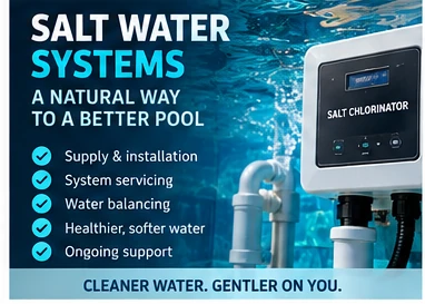 Salt water systems — salt chlorinator unit installed on pool plumbing