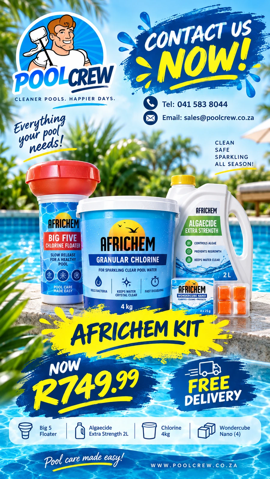 Pool Crew Africhem pool chemical kit promotion with chlorine, algaecide and pool-care products